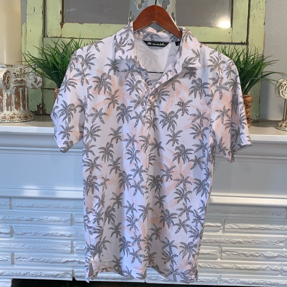 Travis Mathew Golf White Palm Tree Print Men’s Polo Shirt Size Small Used